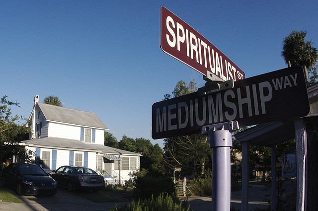Street signs for Spiritualist Street and Mediumship Way in Cassadaga